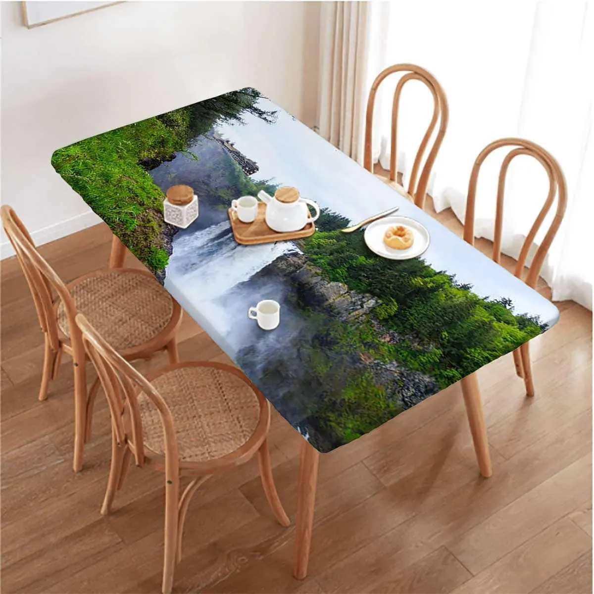 Green Elastic Edge Fitted Table Cloth, Park Alpine Forest Natural Scenic Rectangular Fitted Picnic Folding Table Cover Outdoor tablecloths Farm House Decor Fits up 5 Foot Tables