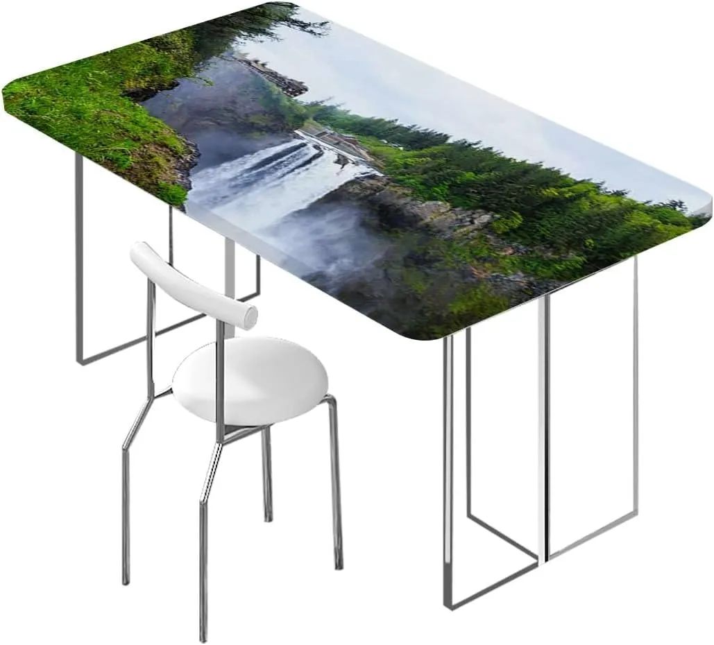 Green Elastic Edge Fitted Table Cloth, Park Alpine Forest Natural Scenic Rectangular Fitted Picnic Folding Table Cover Outdoor tablecloths Farm House Decor Fits up 5 Foot Tables