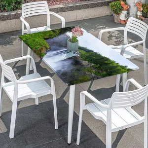 Green Elastic Edge Fitted Table Cloth, Park Alpine Forest Natural Scenic Rectangular Fitted Picnic Folding Table Cover Outdoor tablecloths Farm House Decor Fits up 5 Foot Tables