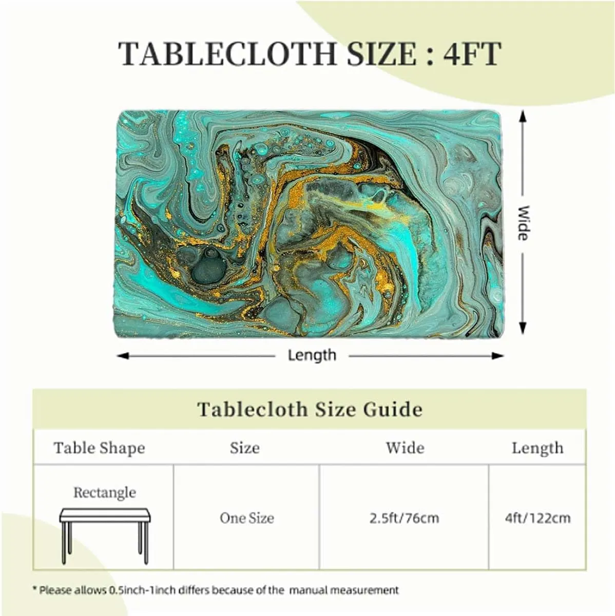 Green Fitted Tablecloth Cover, Marble Abstract Hazy Wavy Pattern Tablecloth Elastic Edge Fitted Table Cover Leaves Lines and Shapes Fits up 4 Foot Tables