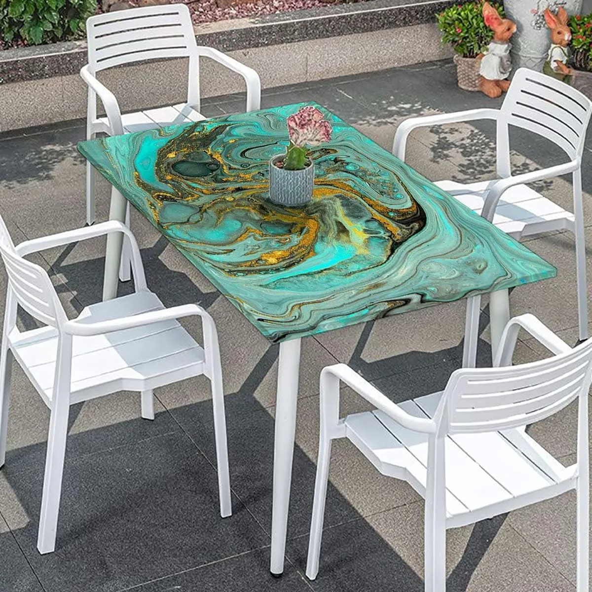 Green Fitted Tablecloth Cover, Marble Abstract Hazy Wavy Pattern Tablecloth Elastic Edge Fitted Table Cover Leaves Lines and Shapes Fits up 4 Foot Tables