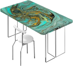 Green Fitted Tablecloth Cover, Marble Abstract Hazy Wavy Pattern Tablecloth Elastic Edge Fitted Table Cover Leaves Lines and Shapes Fits up 4 Foot Tables