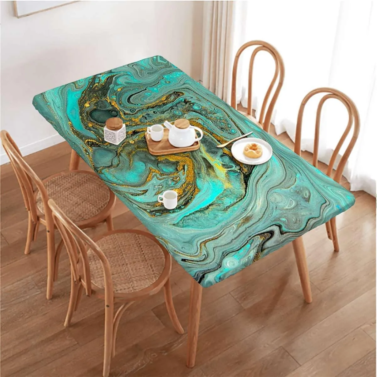 Green Fitted Tablecloth Cover, Marble Abstract Hazy Wavy Pattern Tablecloth Elastic Edge Fitted Table Cover Leaves Lines and Shapes Fits up 4 Foot Tables