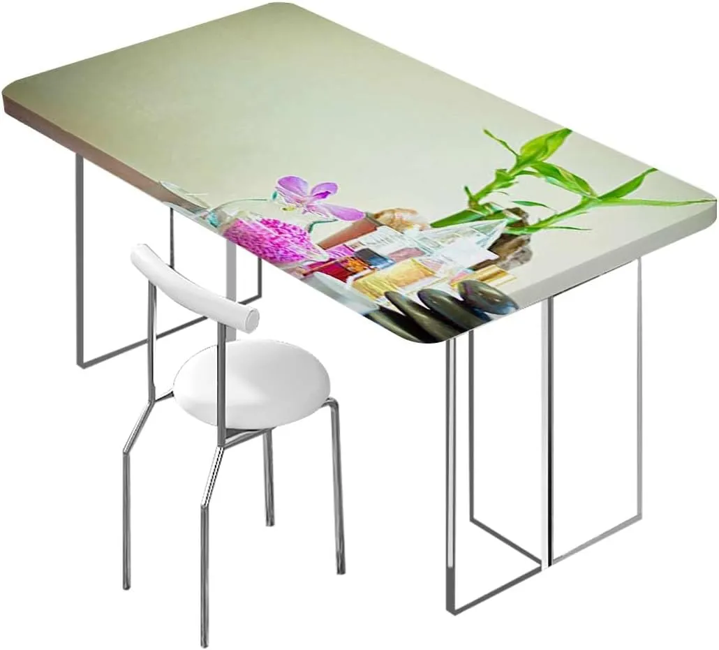 Green Fuchsia White Fitted Tablecloth Orchid Theme Fern Tablecloth ?Suitable for Camping Party and Picnic Bamboo Flower Fits up 5 Foot Tables