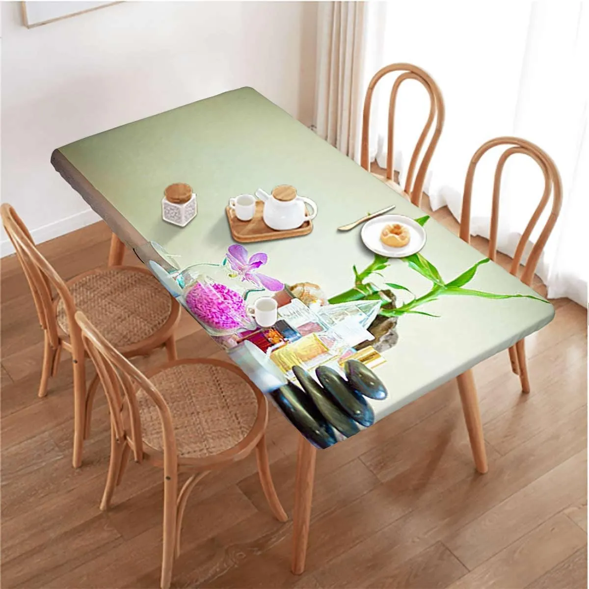 Green Fuchsia White Fitted Tablecloth Orchid Theme Fern Tablecloth ?Suitable for Camping Party and Picnic Bamboo Flower Fits up 5 Foot Tables