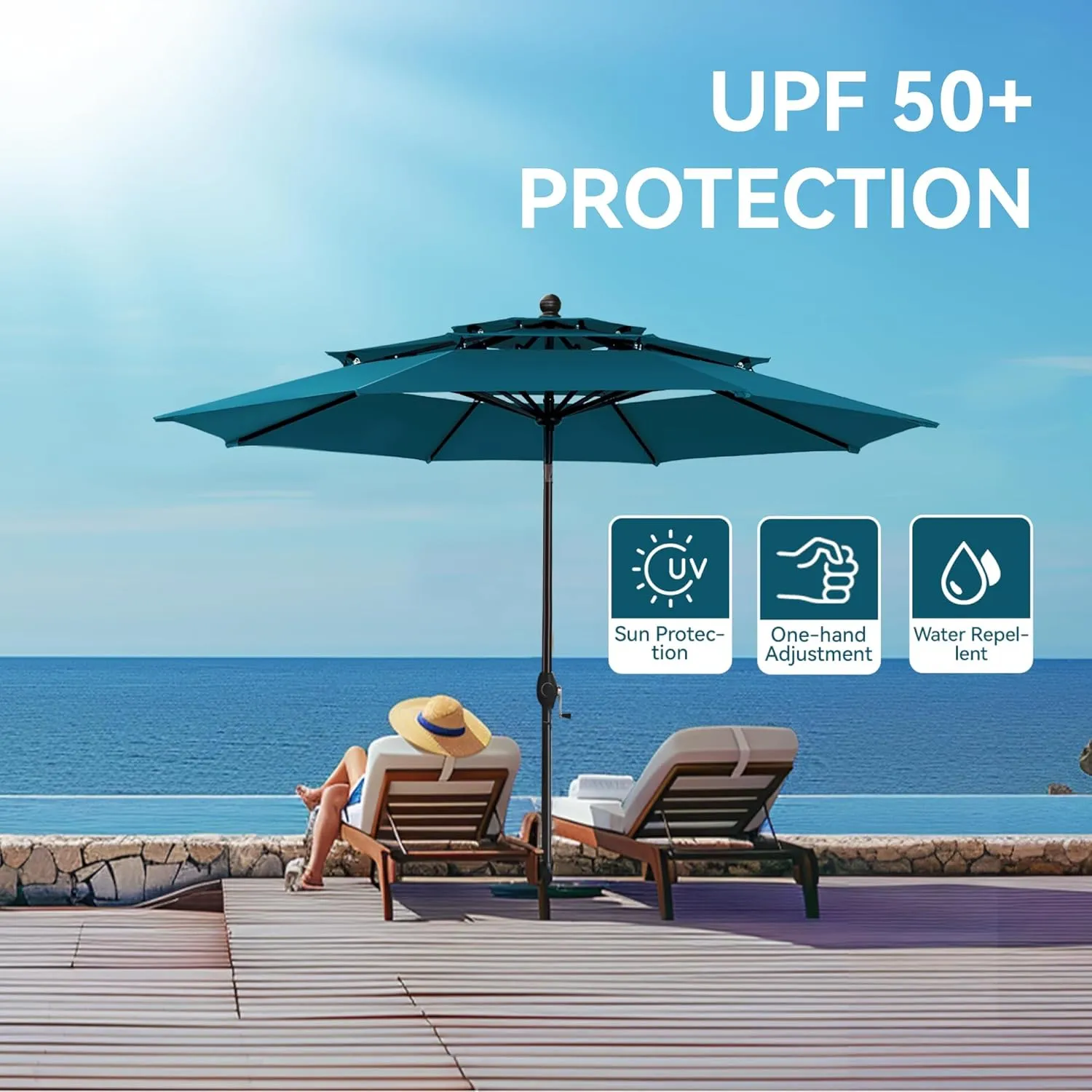 GREEN PARTY 10ft Outdoor Patio Umbrella, [Auto-Tilting] 3 Tiers Market Table Umbrellas with 1.5" Pole, 8 Sturdy Ribs, 3-Year-Non-Fading for Garden Deck Pool Backyard, Cerulean