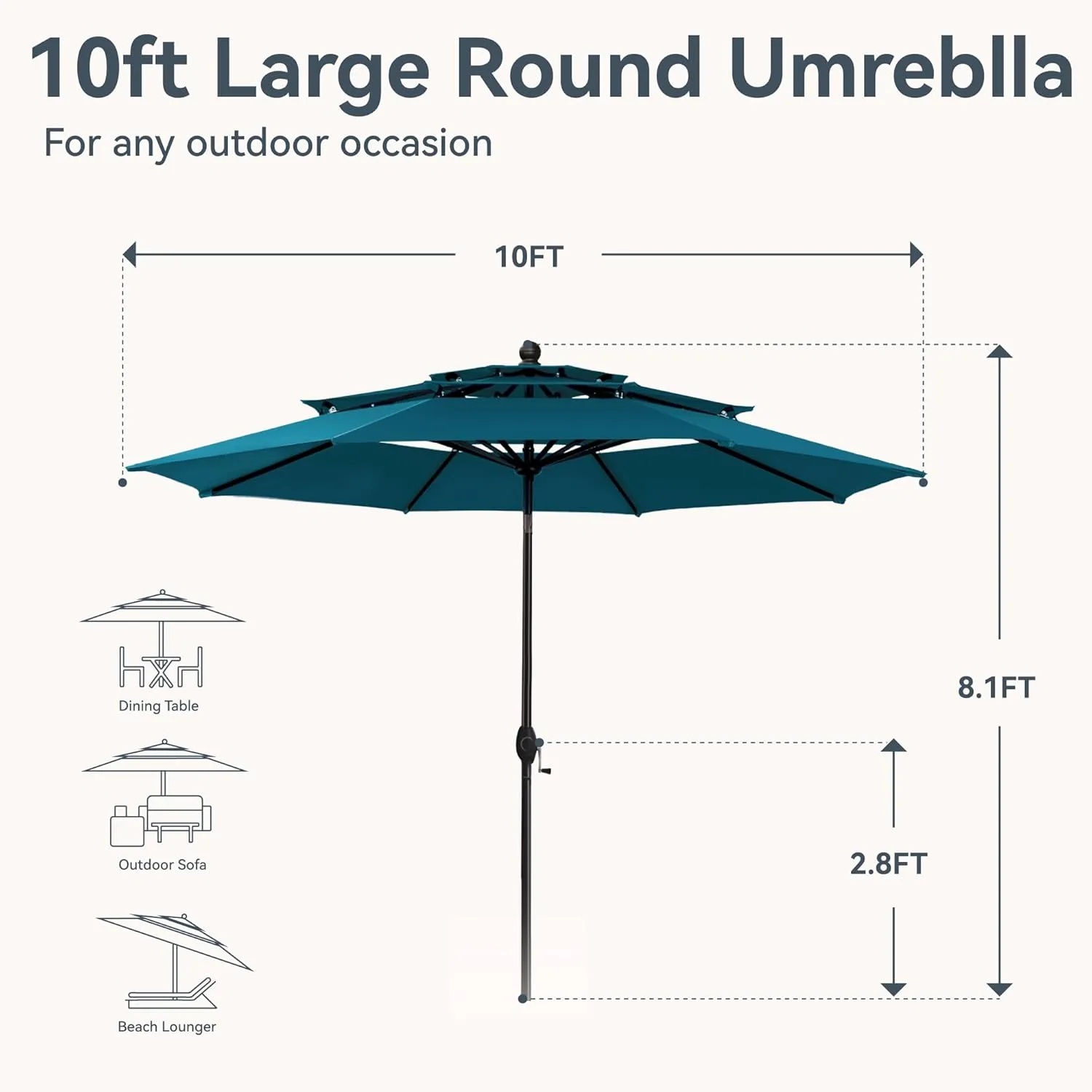 GREEN PARTY 10ft Outdoor Patio Umbrella, [Auto-Tilting] 3 Tiers Market Table Umbrellas with 1.5" Pole, 8 Sturdy Ribs, 3-Year-Non-Fading for Garden Deck Pool Backyard, Cerulean