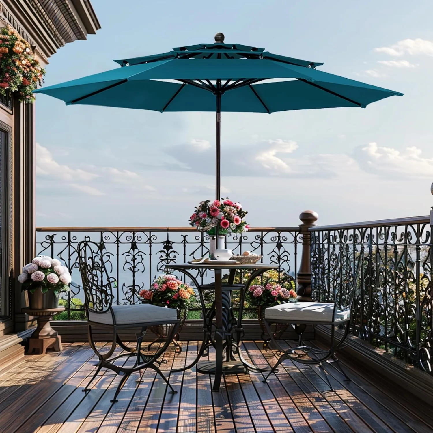 GREEN PARTY 10ft Outdoor Patio Umbrella, [Auto-Tilting] 3 Tiers Market Table Umbrellas with 1.5" Pole, 8 Sturdy Ribs, 3-Year-Non-Fading for Garden Deck Pool Backyard, Cerulean