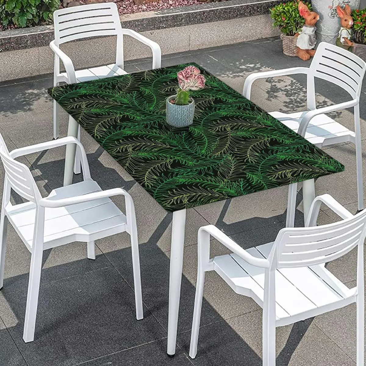 Green Tablecloth Fitted Rectangle Tropical Leaves Pattern Waterproof Wipeable Table Covers for Indoor, Outdoor Plant Green Fits up 5 Foot Tables