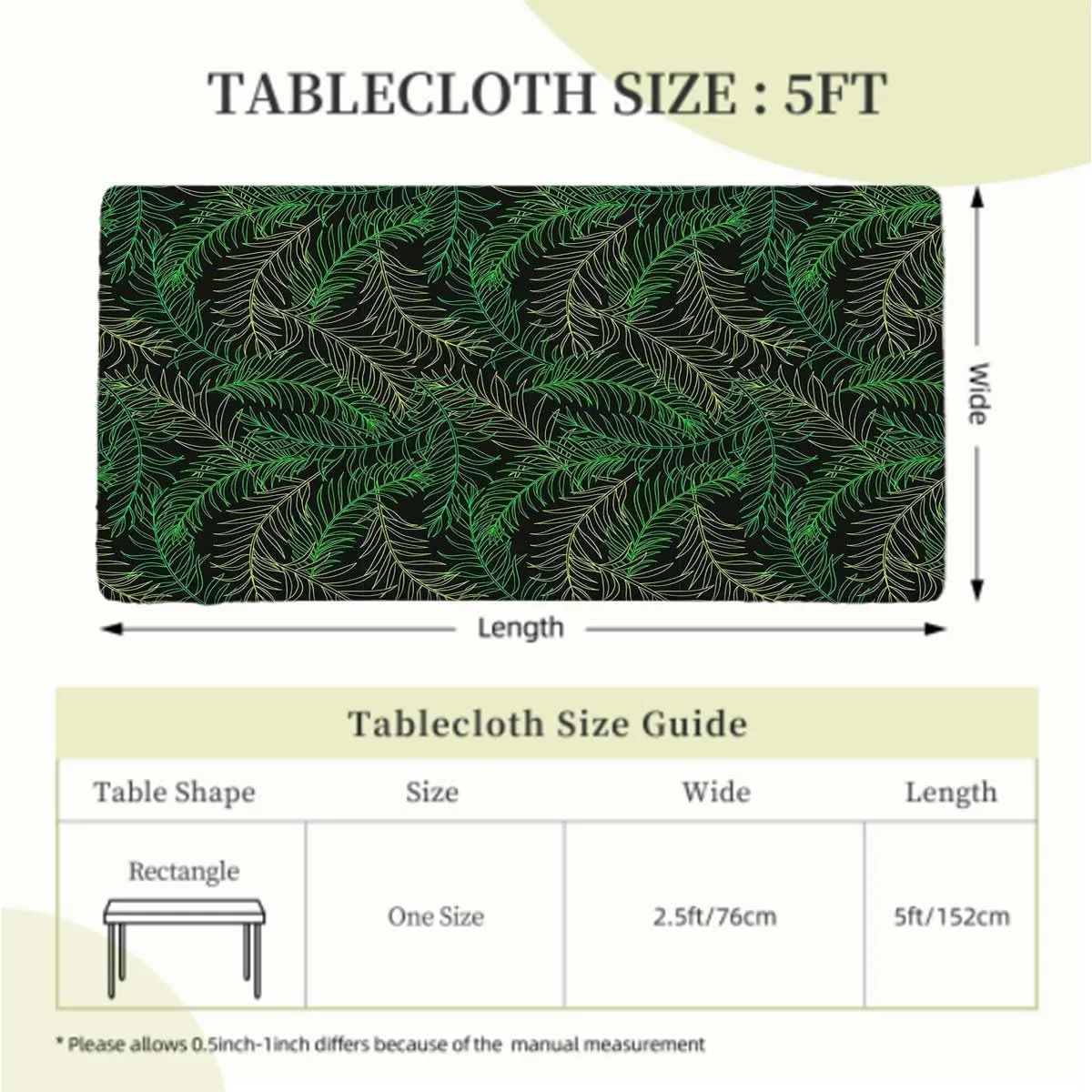Green Tablecloth Fitted Rectangle Tropical Leaves Pattern Waterproof Wipeable Table Covers for Indoor, Outdoor Plant Green Fits up 5 Foot Tables