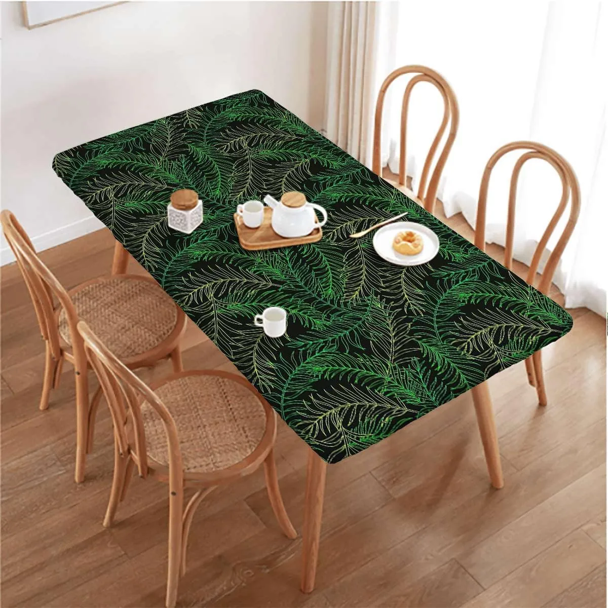 Green Tablecloth Fitted Rectangle Tropical Leaves Pattern Waterproof Wipeable Table Covers for Indoor, Outdoor Plant Green Fits up 5 Foot Tables