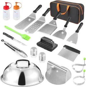 Griddle Accessories Kit, 19 PCS Flat Top Grill Accessories for Blackstone Camp Chef, Metal Spatula Set with Burger Press,Basting Cover,Melting Dome,Tongs,Carry Bag for Outdoor Grilling BBQ