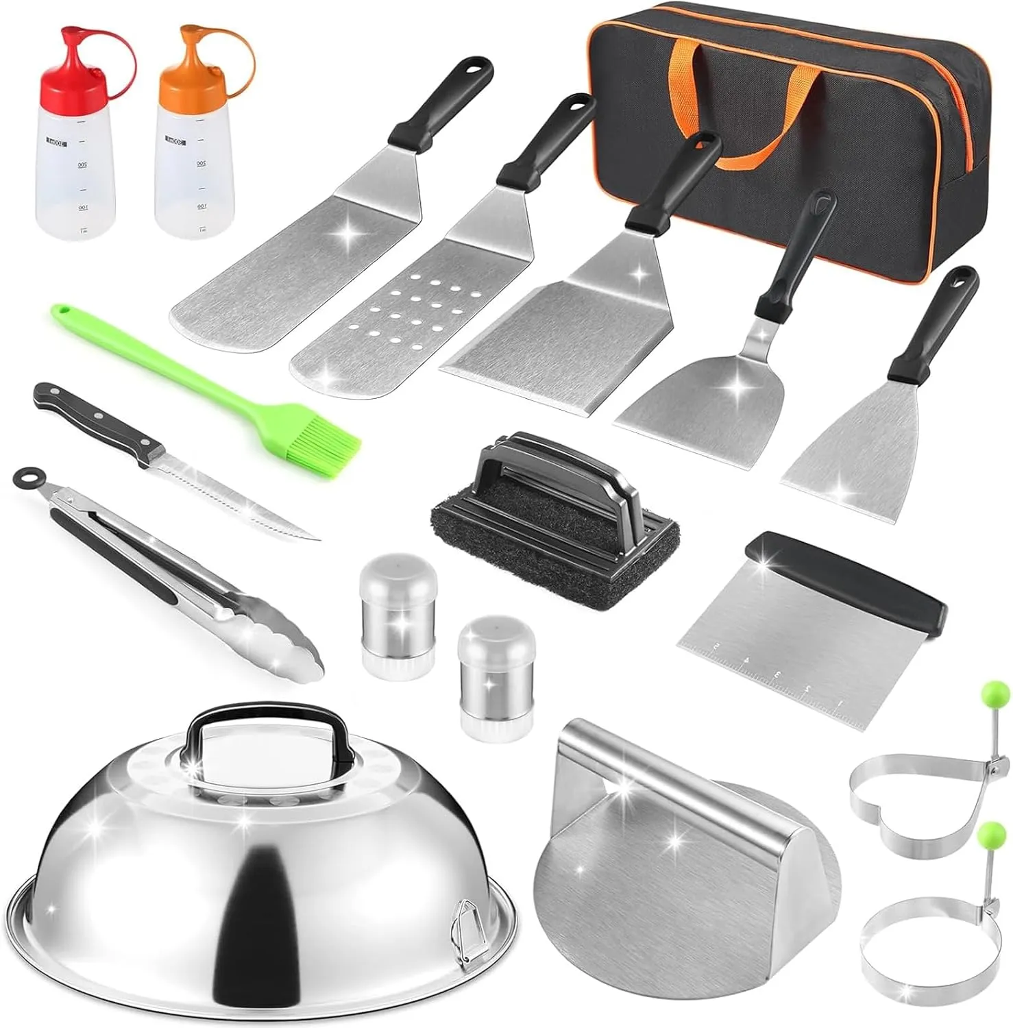 Griddle Accessories Kit, 19 PCS Flat Top Grill Accessories for Blackstone Camp Chef, Metal Spatula Set with Burger Press,Basting Cover,Melting Dome,Tongs,Carry Bag for Outdoor Grilling BBQ