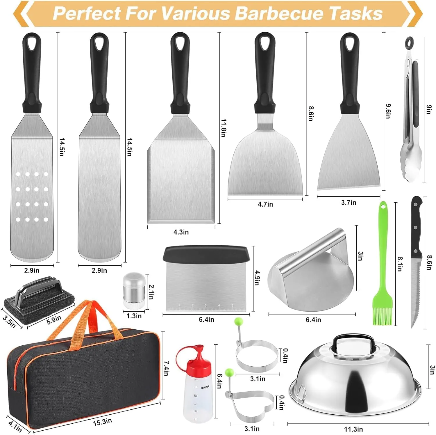 Griddle Accessories Kit, 19 PCS Flat Top Grill Accessories for Blackstone Camp Chef, Metal Spatula Set with Burger Press,Basting Cover,Melting Dome,Tongs,Carry Bag for Outdoor Grilling BBQ