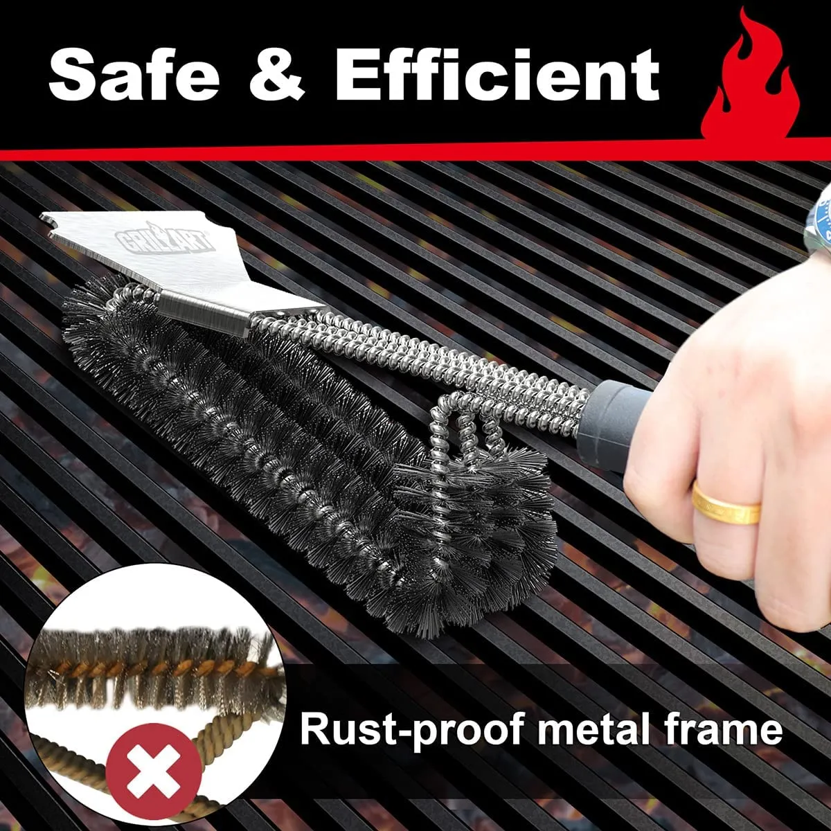 Grill Brush and Scraper, Extra Strong BBQ Cleaner Accessories, Safe Wire Bristles 18" Barbecue Triple Scrubbers Cleaning Brush for Gas/Charcoal Grilling Grates, Wizard Tool BR-8115