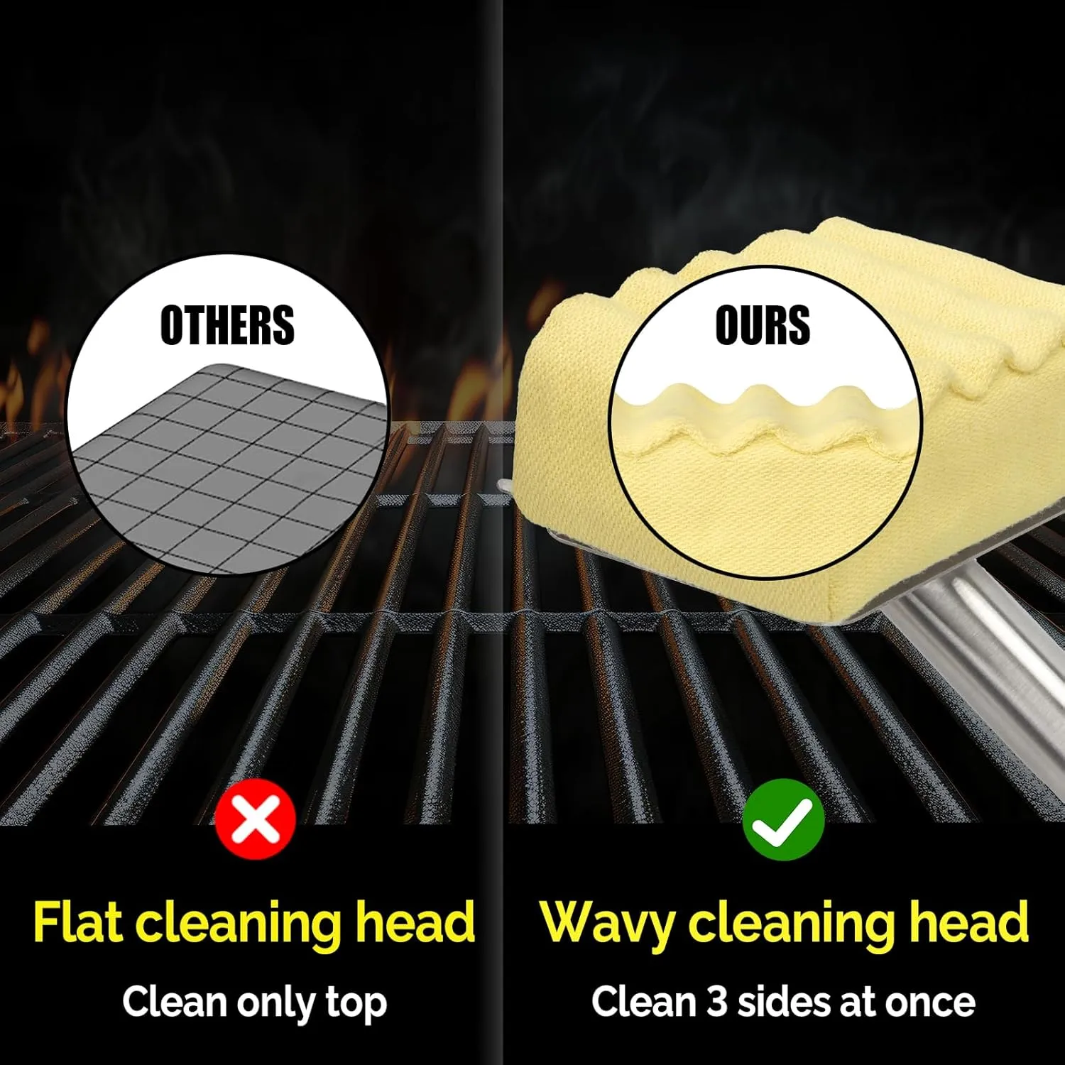 Grill Brush Bristle Free,Unique Aramid Fiber Wavy Pad Perfect for Cast Iron/Stainless-Steel Grates,BBQ Replaceable Scraper Cleaning Head,Safe Grill Brush for Outdoor Grill
