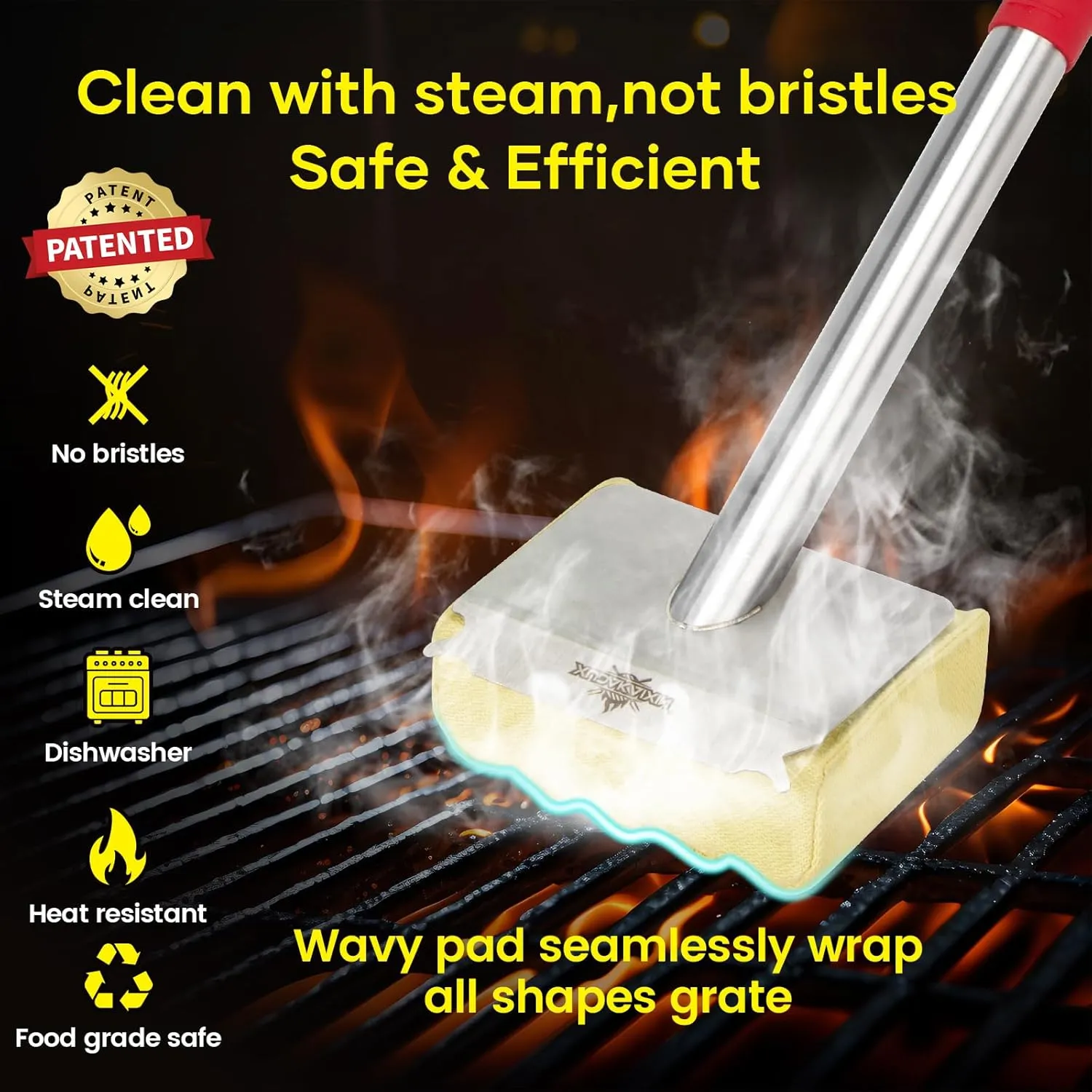 Grill Brush Bristle Free,Unique Aramid Fiber Wavy Pad Perfect for Cast Iron/Stainless-Steel Grates,BBQ Replaceable Scraper Cleaning Head,Safe Grill Brush for Outdoor Grill