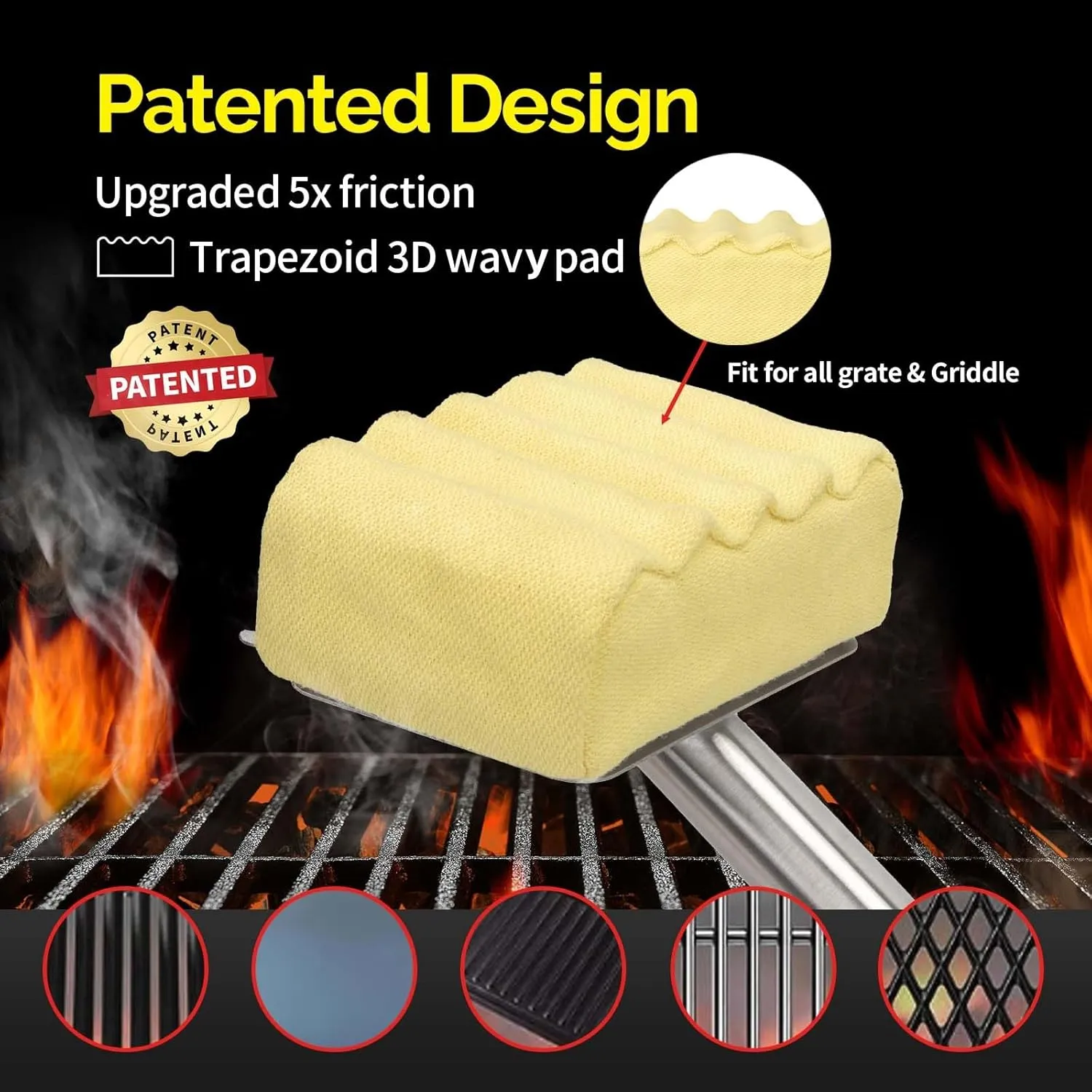Grill Brush Bristle Free,Unique Aramid Fiber Wavy Pad Perfect for Cast Iron/Stainless-Steel Grates,BBQ Replaceable Scraper Cleaning Head,Safe Grill Brush for Outdoor Grill