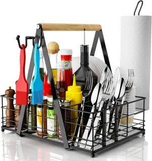 Grill Caddy, BBQ Caddy for Outdoor Grill with Paper Towel Holder, Picnic Utensil Caddyfor Outdoor Kitchen, RV, Patio, Tailgate, Camping Essentials, Grilling Gifts for Men, Barbecue Tool Sets