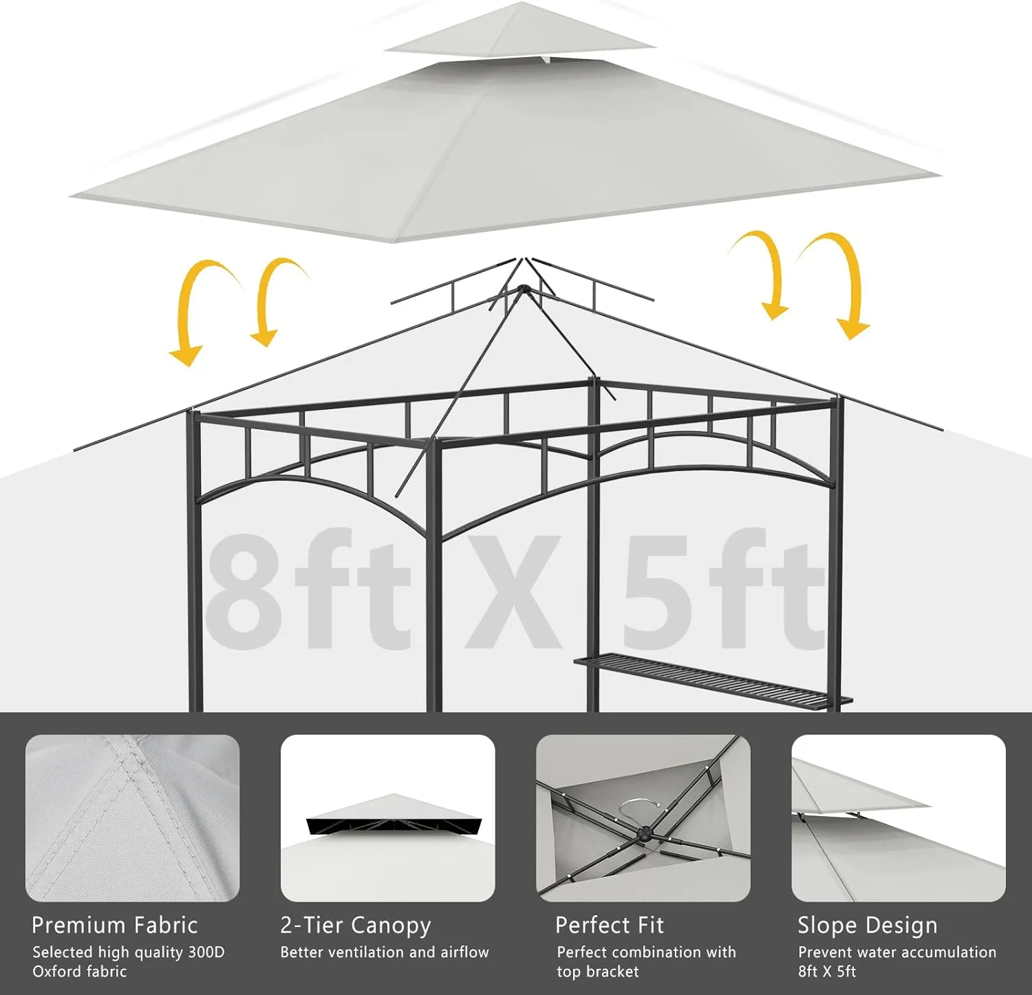 Grill Gazebo Replacement Canopy Top Only - 5' x 8' Outdoor BBQ Gazebo Canopy Roof, Waterproof Double Tiered Shelter Cover Fit for Model L-GG001PST-F