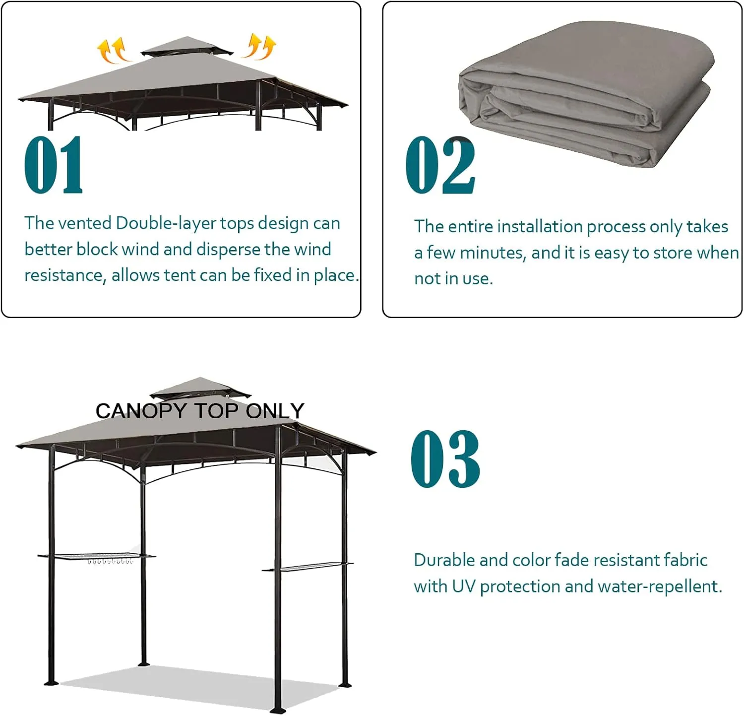 Grill Gazebo Replacement Canopy Top - Wonwon 5x8 Gazebo Roof Double Tiered Outdoor BBQ Roof Cover Grill Shelter Only Fit for Model L-GG001PST-F (Gray)