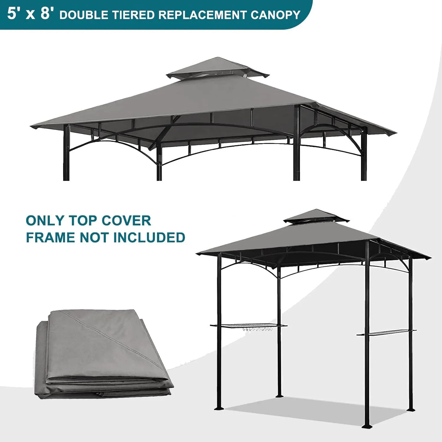 Grill Gazebo Replacement Canopy Top - Wonwon 5x8 Gazebo Roof Double Tiered Outdoor BBQ Roof Cover Grill Shelter Only Fit for Model L-GG001PST-F (Gray)