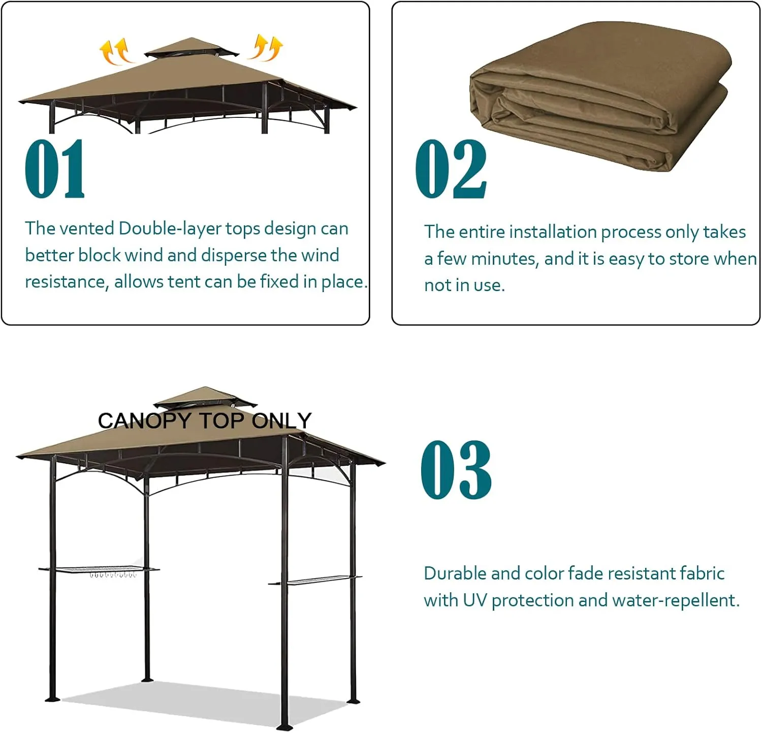 Grill Gazebo Replacement Canopy Top - Wonwon 5x8 Gazebo Roof Double Tiered Outdoor BBQ Roof Cover Grill Shelter Only Fit for Model L-GG001PST-F (Khaki)