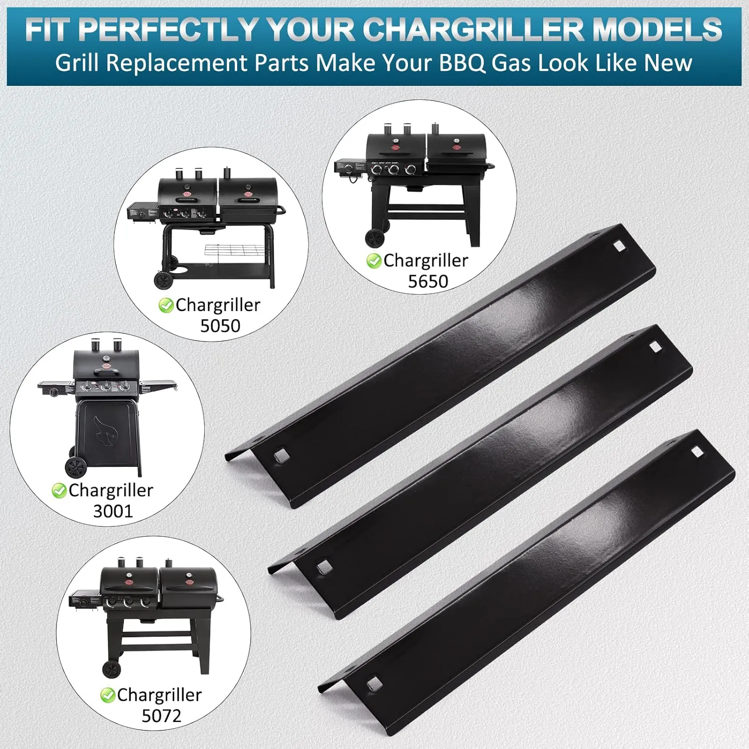Grill Parts for Char-griller Replacement Parts, Chargriller 5050, 5650, 3001, 3072, 5072, 3030, 3008, 5252, 3000, 4000 Gas Grill Model, Porcelain-enameled Heat Plate, Burner, Ignitor, Hanger Brackets.