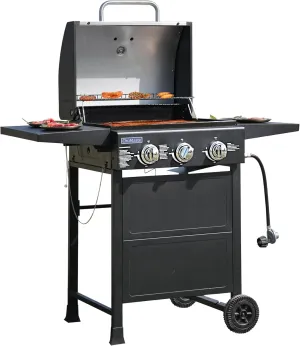 Grill Propane 3 Burner Gas Outside, Bbq with Thermometer, Patio grill For Small gatherings, asadores de gas 30000 BTU. Barbecue grill with Foldable Rack.