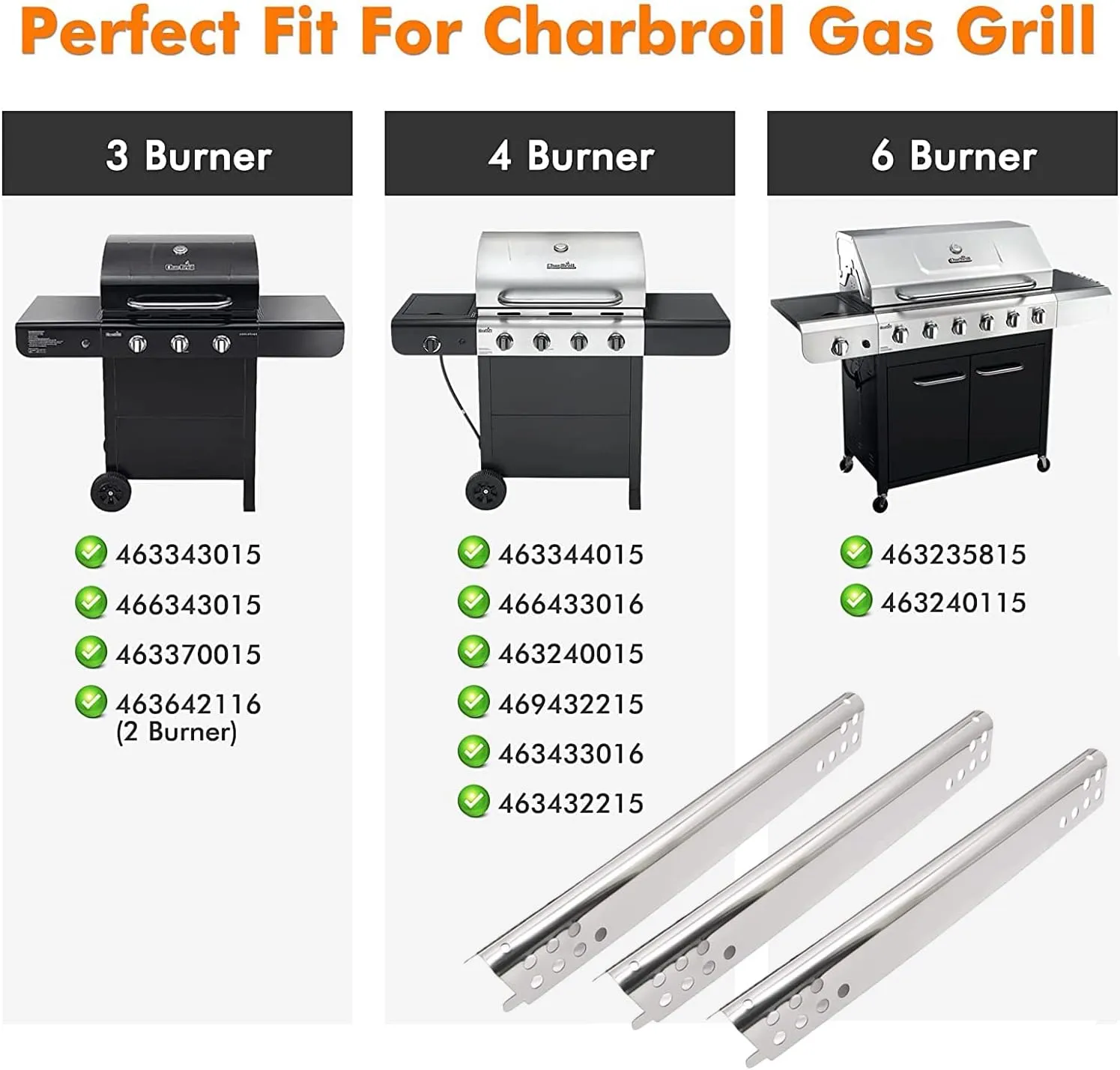 Grill Replacement Parts for Charbroil Advantage Series 3 Burner 463343015, 463642116, 463435115, 463436815, 463335115 Gas Grills, Stainless Pipe Burner, Heat Plate, Carryover Tube, Igniters.