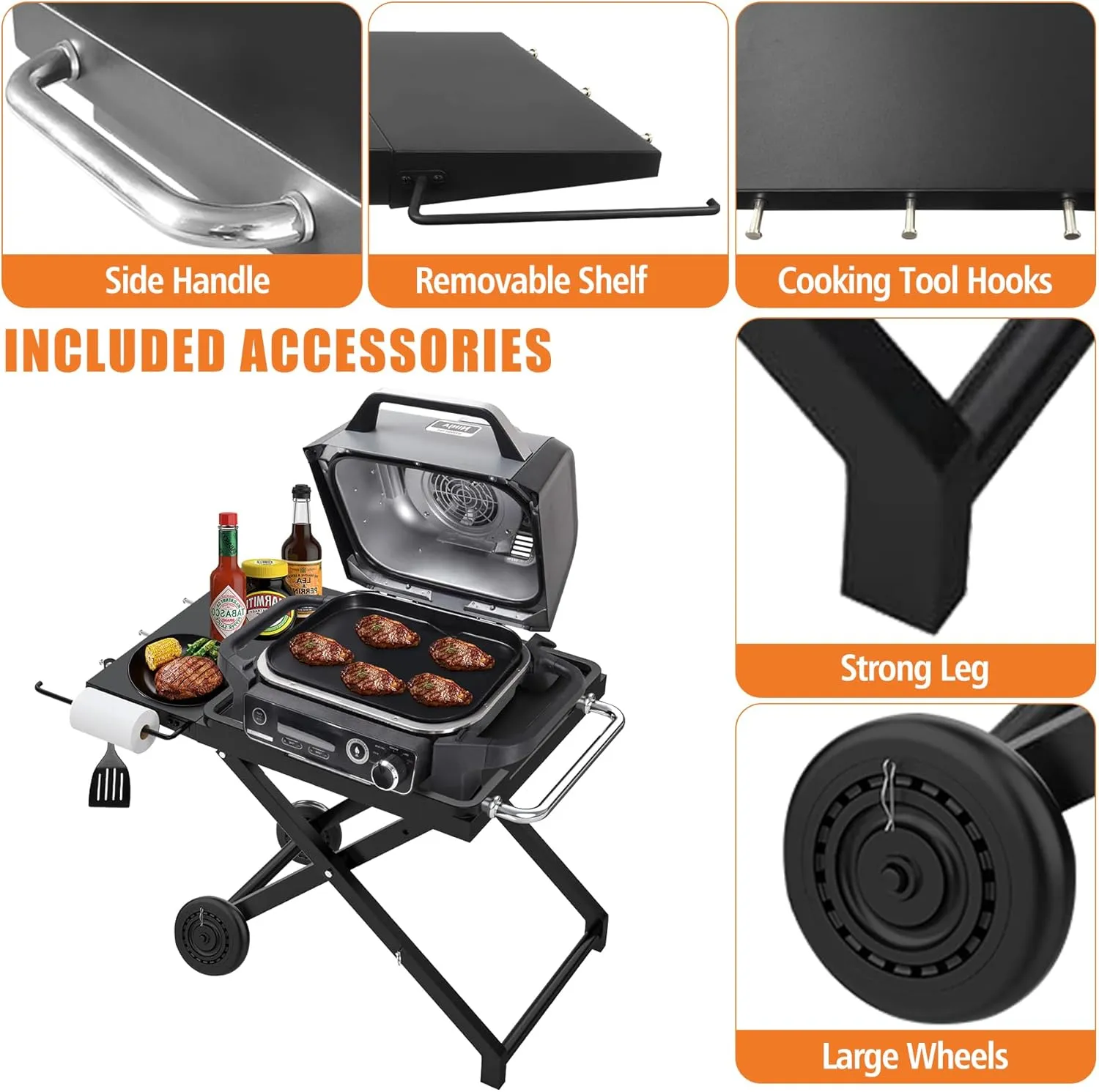 Grill Stand for Ninja OG700/800/900 Series with Wheels, Side Shelf and Tissue Holder, Portable Collapsible Outdoor Grill Stand Replace for Ninja XSKSTAND