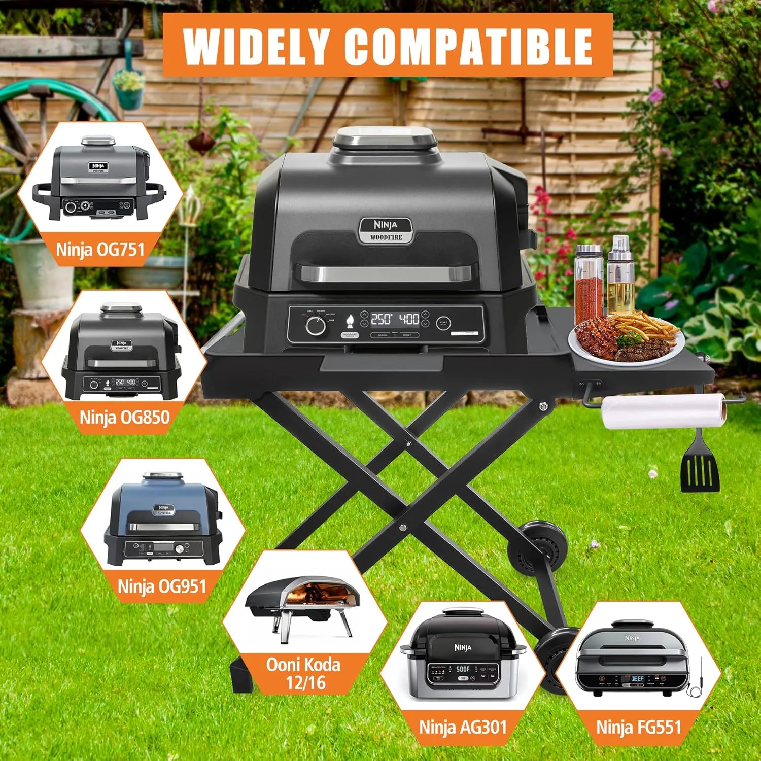 Grill Stand for Ninja OG700/800/900 Series with Wheels, Side Shelf and Tissue Holder, Portable Collapsible Outdoor Grill Stand Replace for Ninja XSKSTAND