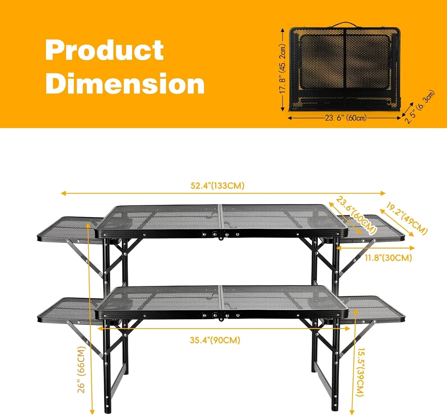 Grill Table Folding Table with 2 Wing Panels 3FT 1.4 FT with Mesh Desktop 2 Height Adjustable Portable Grill for Outdoor Indoor Beach BBQ Picnic Travel RV Black