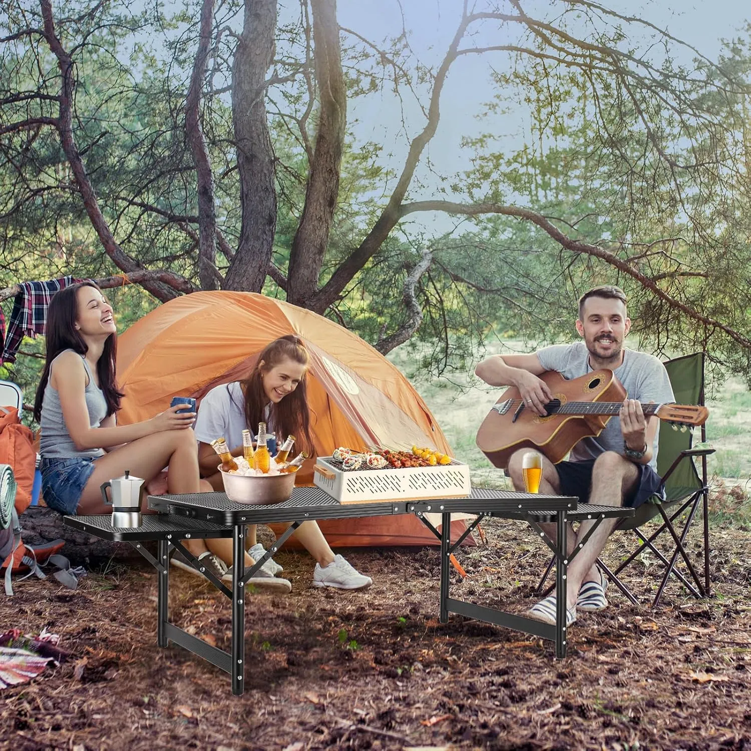 Grill Table Folding Table with 2 Wing Panels 3FT 1.4 FT with Mesh Desktop 2 Height Adjustable Portable Grill for Outdoor Indoor Beach BBQ Picnic Travel RV Black