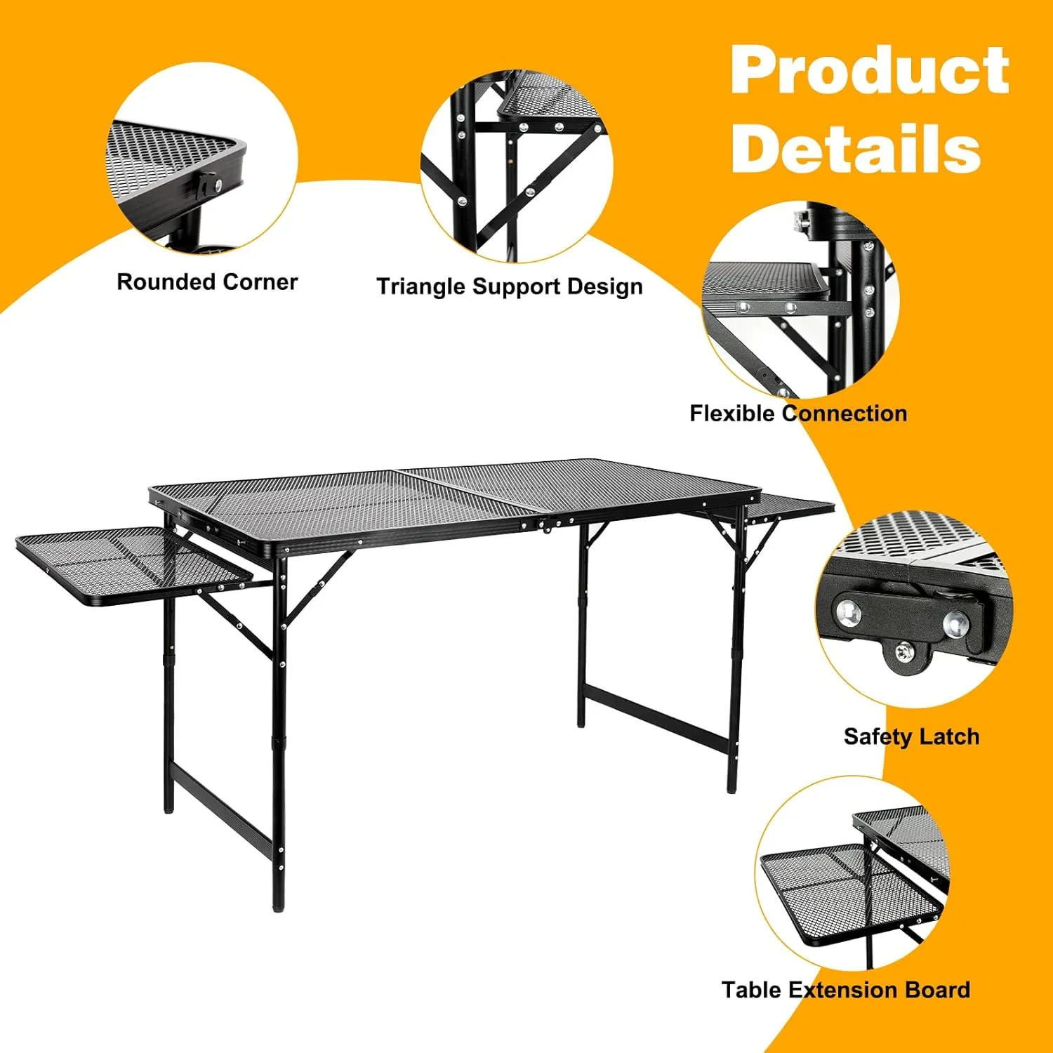 Grill Table Folding Table with 2 Wing Panels 4FT 1.77 FT with Mesh Desktop 3 Height Adjustable Portable Grill for Outdoor Indoor Beach BBQ Picnic Travel RV Black 69.3 x 23.62 inch