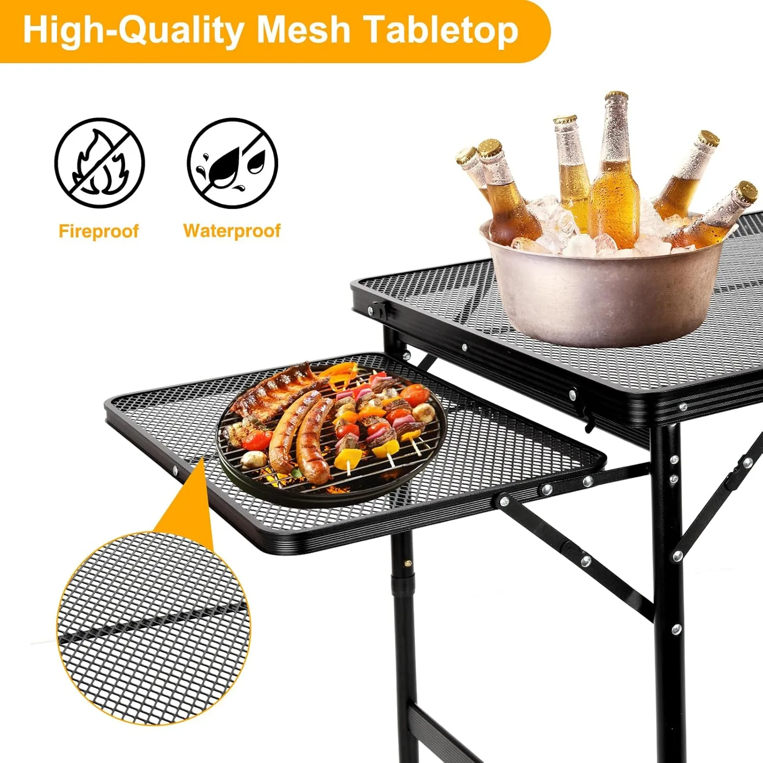 Grill Table Folding Table with 2 Wing Panels 4FT 1.77 FT with Mesh Desktop 3 Height Adjustable Portable Grill for Outdoor Indoor Beach BBQ Picnic Travel RV Black 69.3 x 23.62 inch