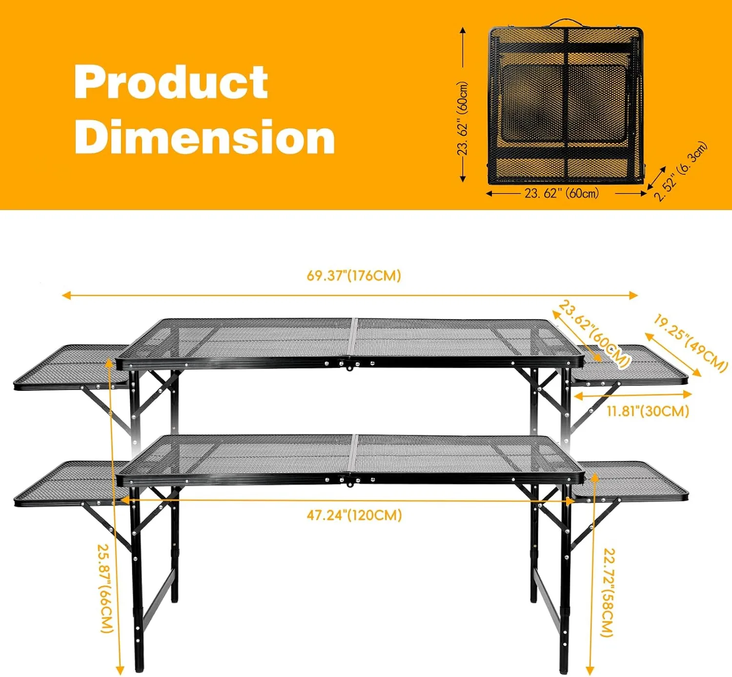 Grill Table Folding Table with 2 Wing Panels 4FT 1.77 FT with Mesh Desktop 3 Height Adjustable Portable Grill for Outdoor Indoor Beach BBQ Picnic Travel RV Black 69.3 x 23.62 inch
