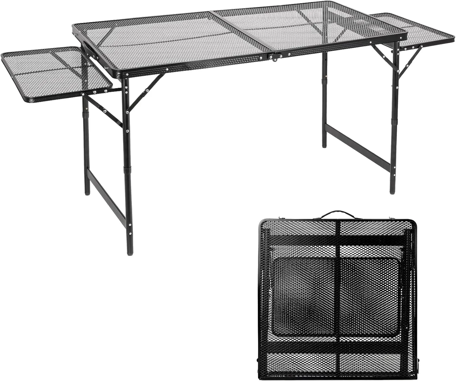Grill Table Folding Table with 2 Wing Panels 4FT 1.77 FT with Mesh Desktop 3 Height Adjustable Portable Grill for Outdoor Indoor Beach BBQ Picnic Travel RV Black 69.3 x 23.62 inch