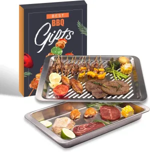 Grilling Prep and Serve Trays, Set of 2 Stackable Stainless Steel BBQ Trays Marinating Tray Serving Platter for Plating Food BBQ Prep Tub for Marinating Meats, Grill Accessories