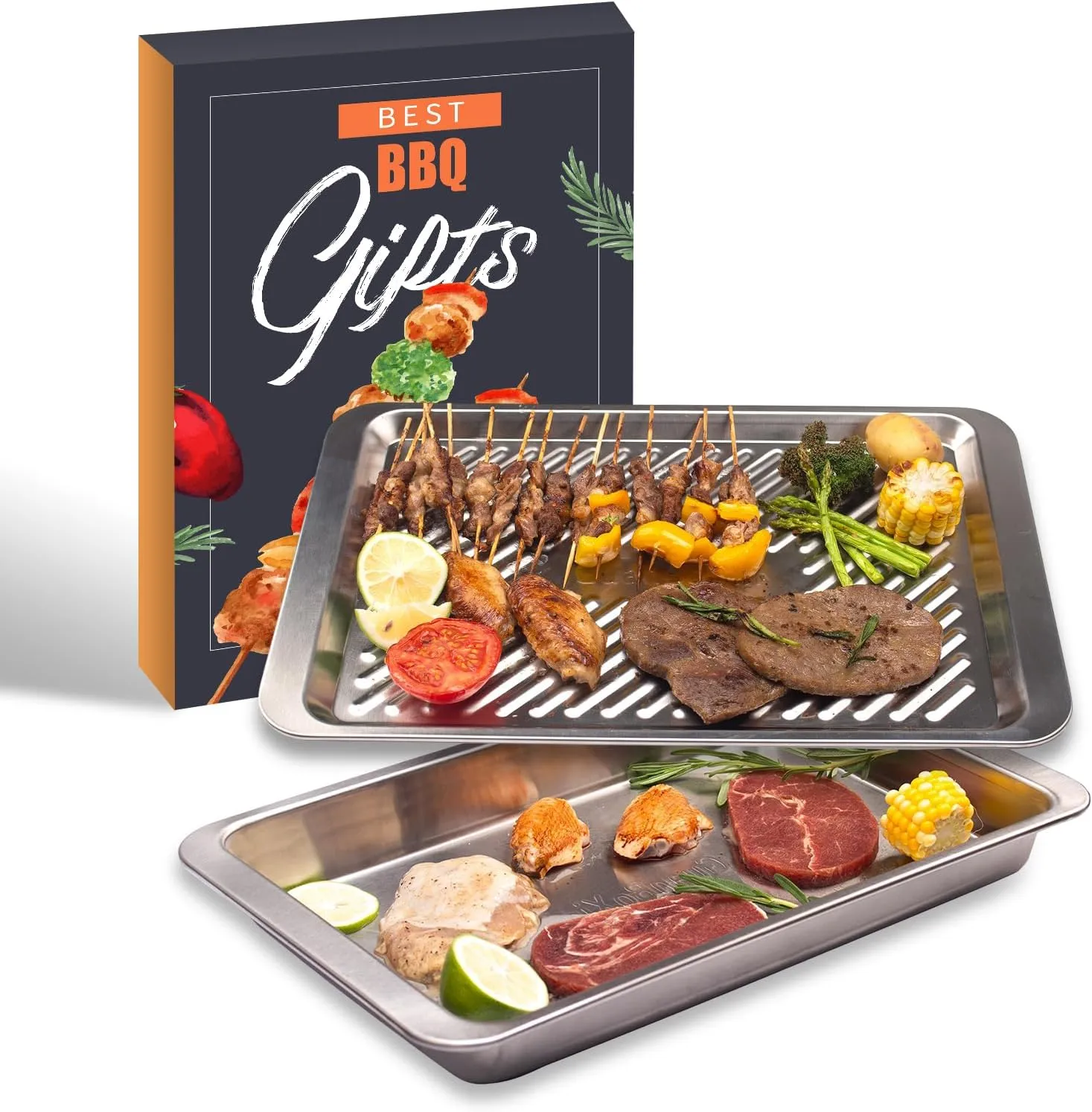 Grilling Prep and Serve Trays, Set of 2 Stackable Stainless Steel BBQ Trays Marinating Tray Serving Platter for Plating Food BBQ Prep Tub for Marinating Meats, Grill Accessories