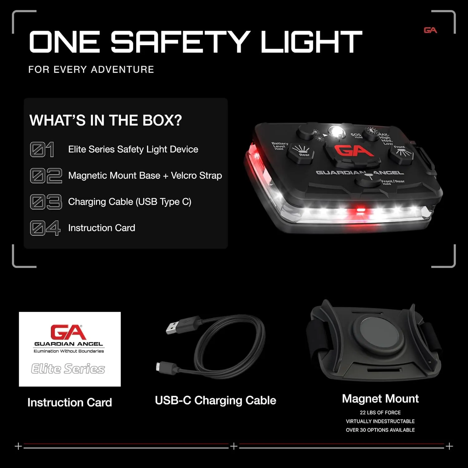 Guardian Angel Elite Series Safety Light, Beacon Device (White Front & Red Rear) Rechargeable, Magnetic, Hands-Free Wearable & Mountable LED Flashlight for First Responders, Firefighters & Rescue Ops