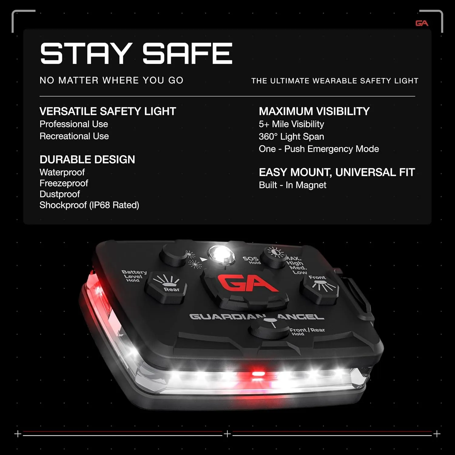 Guardian Angel Elite Series Safety Light, Beacon Device (White Front & Red Rear) Rechargeable, Magnetic, Hands-Free Wearable & Mountable LED Flashlight for First Responders, Firefighters & Rescue Ops