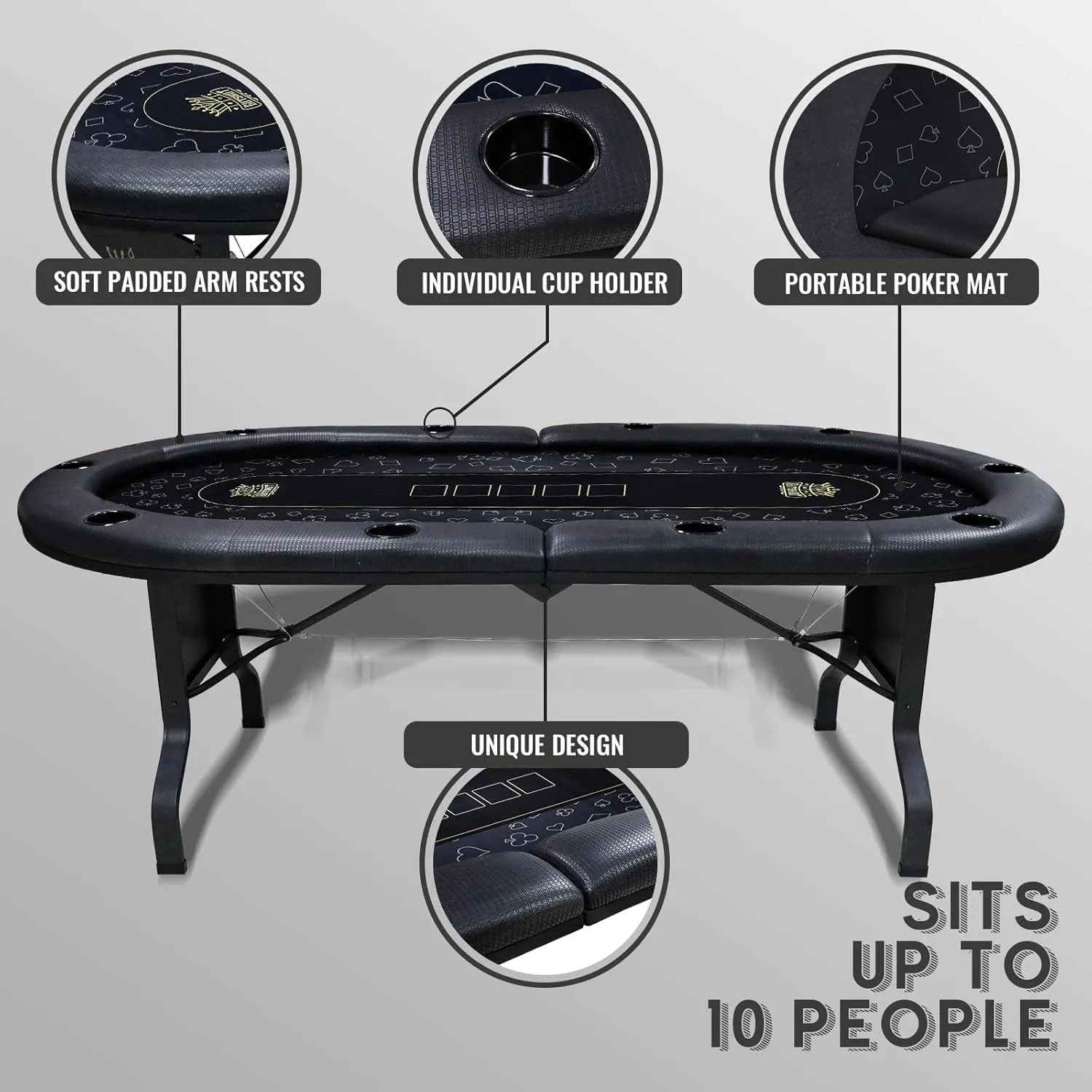 GUTSHOT Foldable Poker Table for 10 Players with 10 Chairs and an Additional Mat- Soft-Padded Armrest, Individual Cup Holders, Portable Mat - Long-Lasting Poker Table