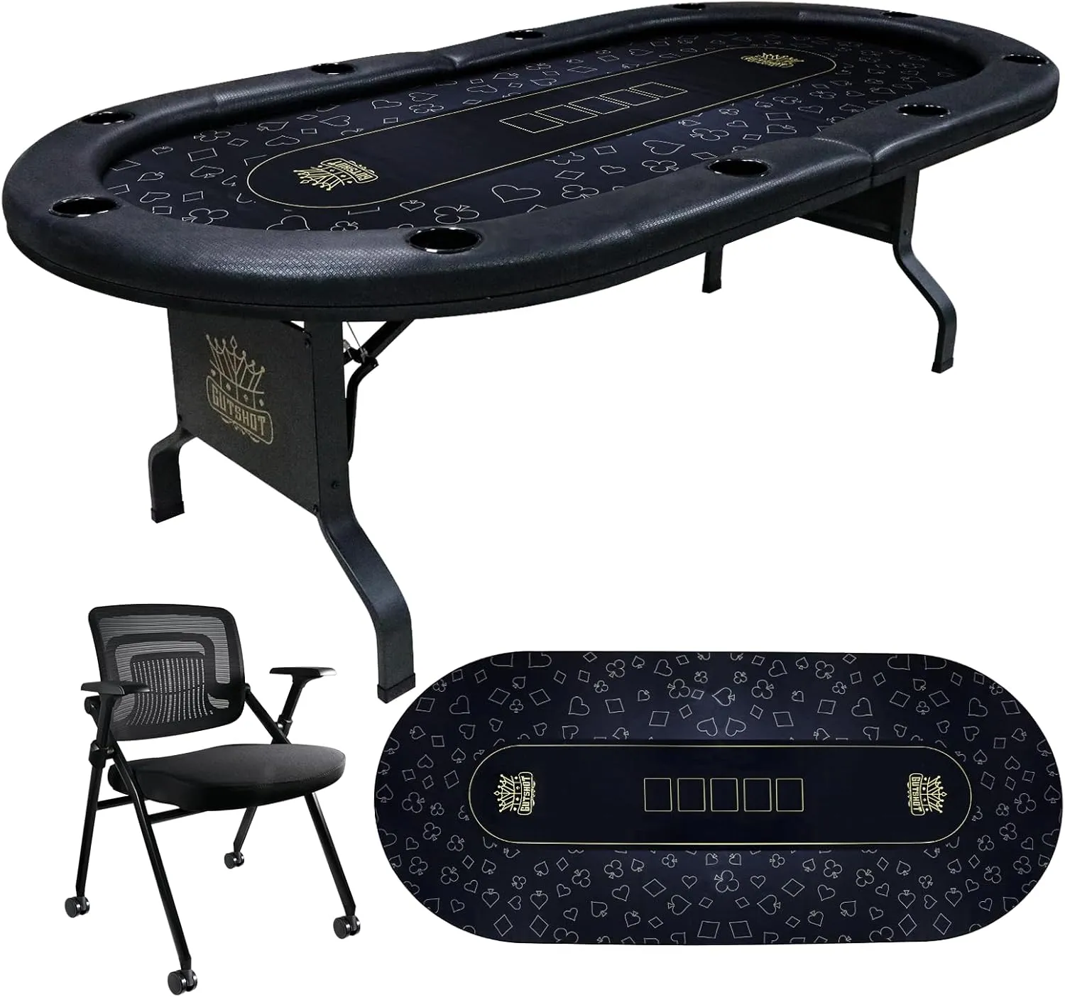 GUTSHOT Foldable Poker Table for 10 Players with 10 Chairs and an Additional Mat- Soft-Padded Armrest, Individual Cup Holders, Portable Mat - Long-Lasting Poker Table
