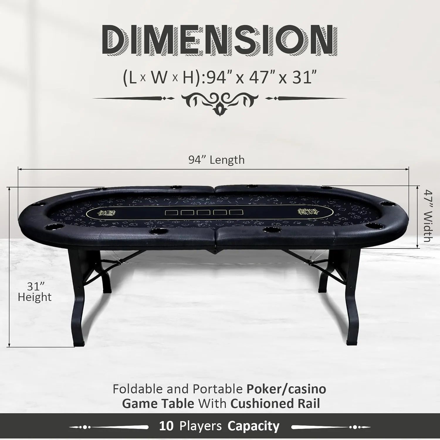 GUTSHOT Foldable Poker Table for 10 Players with 10 Chairs and an Additional Mat- Soft-Padded Armrest, Individual Cup Holders, Portable Mat - Long-Lasting Poker Table
