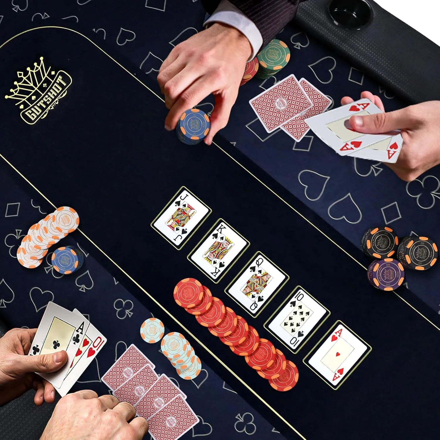 GUTSHOT Foldable Poker Table for 10 Players with 10 Chairs and an Additional Mat- Soft-Padded Armrest, Individual Cup Holders, Portable Mat - Long-Lasting Poker Table