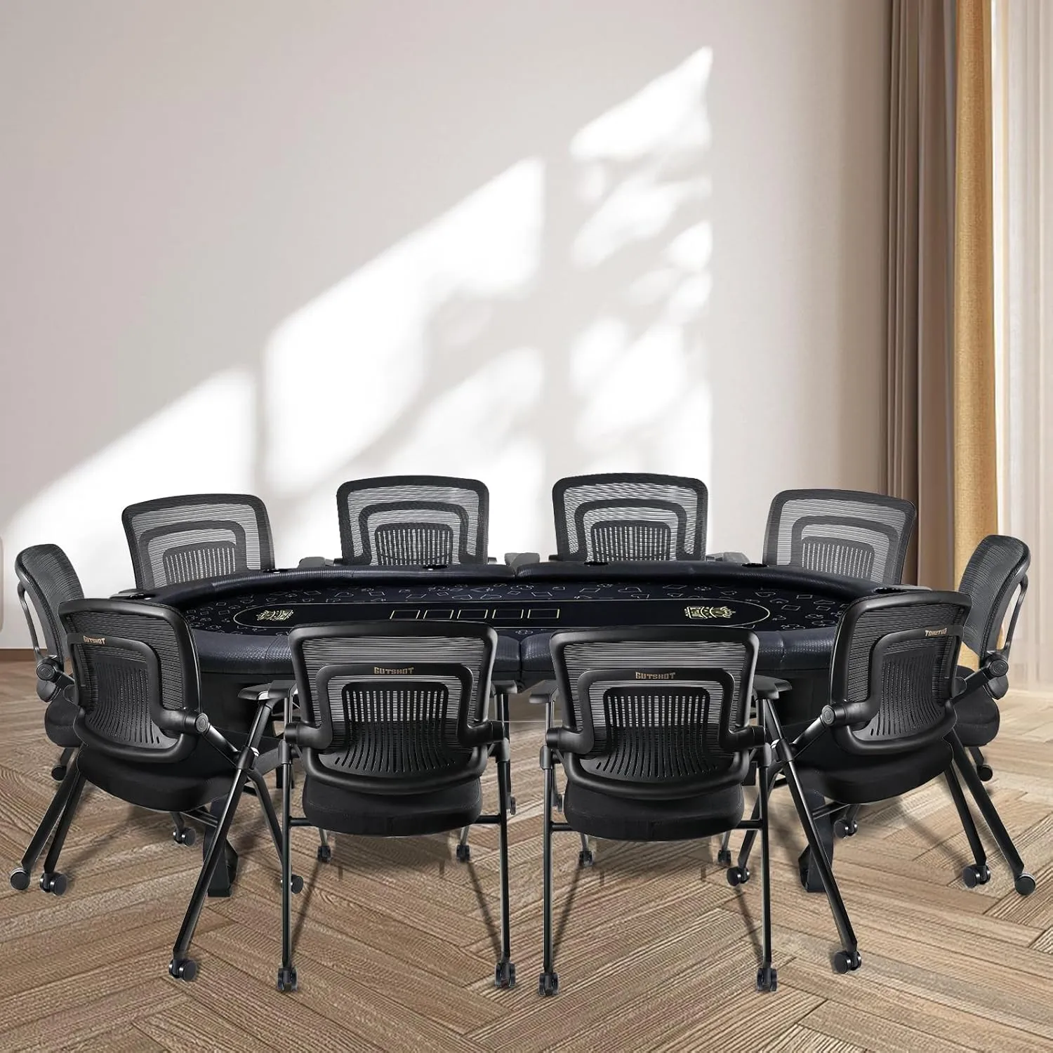 GUTSHOT Foldable Poker Table for 10 Players with 10 Chairs and an Additional Mat- Soft-Padded Armrest, Individual Cup Holders, Portable Mat - Long-Lasting Poker Table