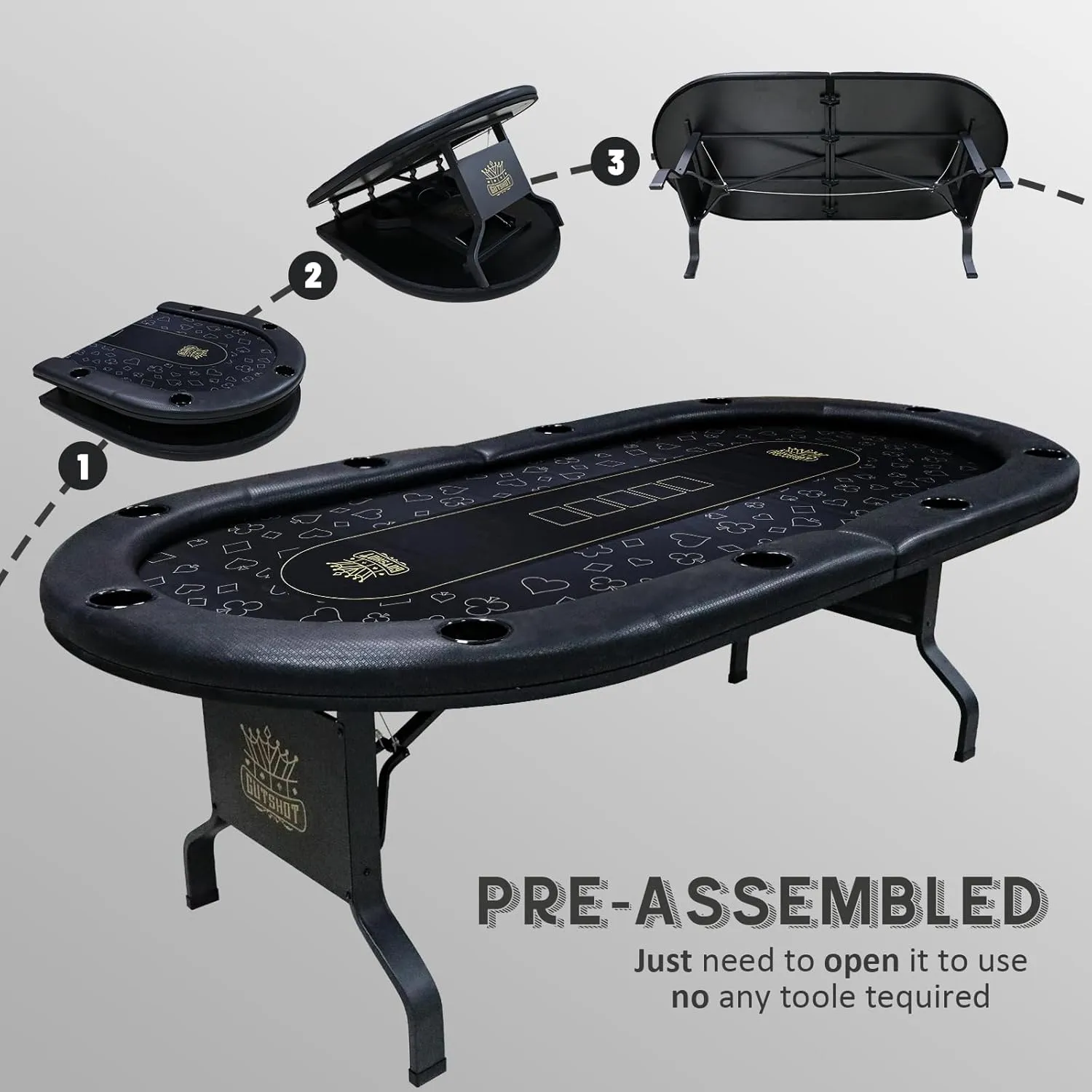 GUTSHOT Foldable Poker Table for 10 Players with 10 Chairs and an Additional Mat- Soft-Padded Armrest, Individual Cup Holders, Portable Mat - Long-Lasting Poker Table