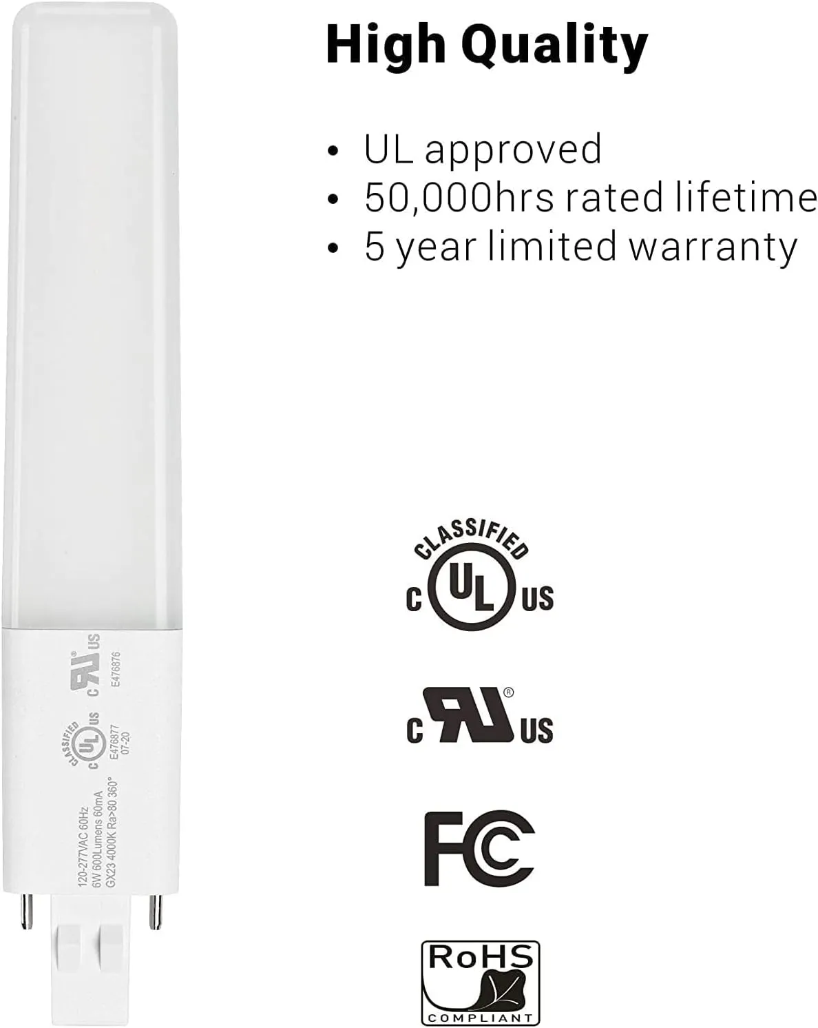 GX23 Base LED Bulbs, 6w(13w CFL Equivalent) LED Slim, 2-Pin PL Horizontal Recessed Lamp,for Wall Scones, Bathroom Vanity Light,Cool Light 5000k, UL Listed, 2 Pack