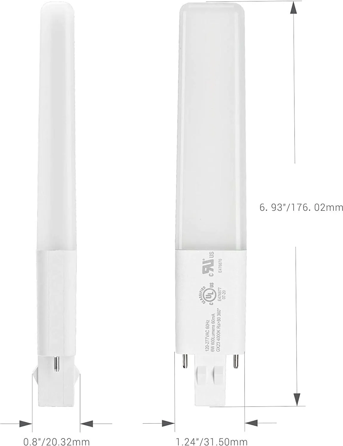 GX23 Base LED Bulbs, 6w(13w CFL Equivalent) LED Slim, 2-Pin PL Horizontal Recessed Lamp,for Wall Scones, Bathroom Vanity Light,Cool Light 5000k, UL Listed, 2 Pack